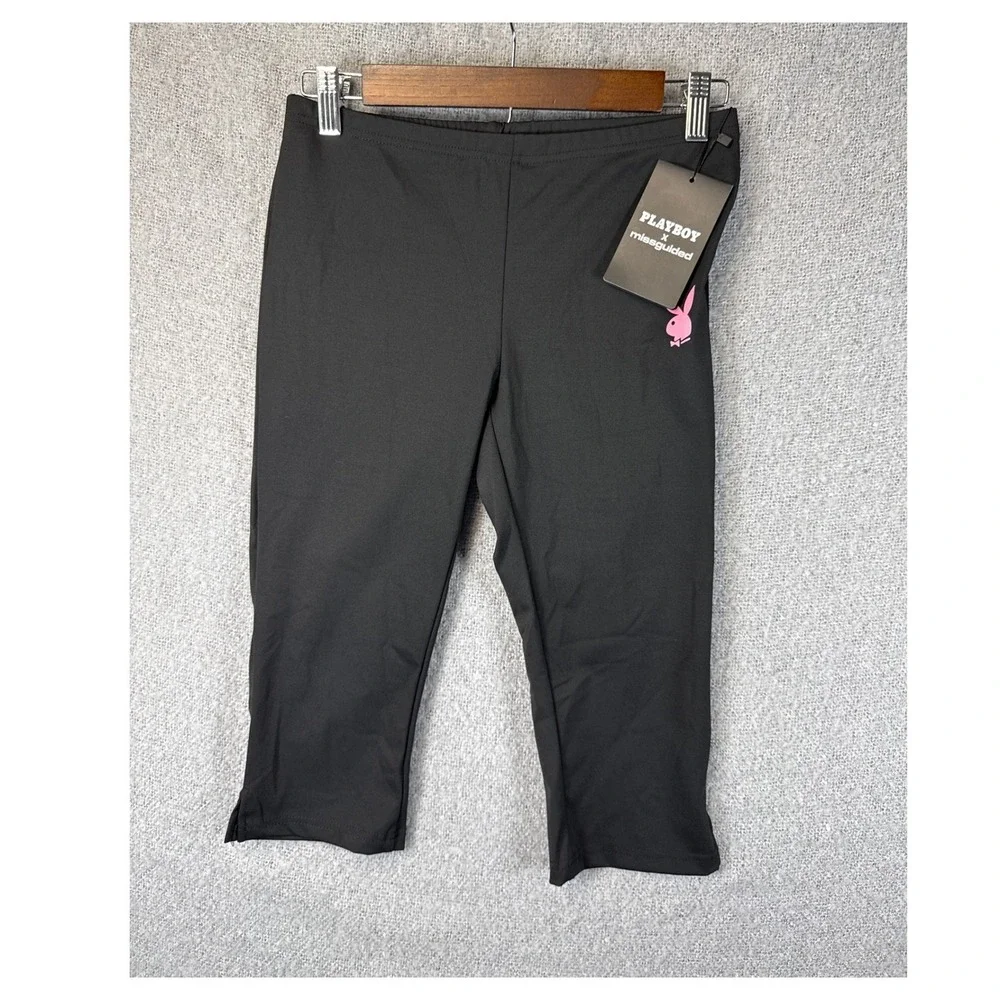 Playboy x Missguided Cropped Leggings Pink Bunny Logo Black Size M Sexy Athletic